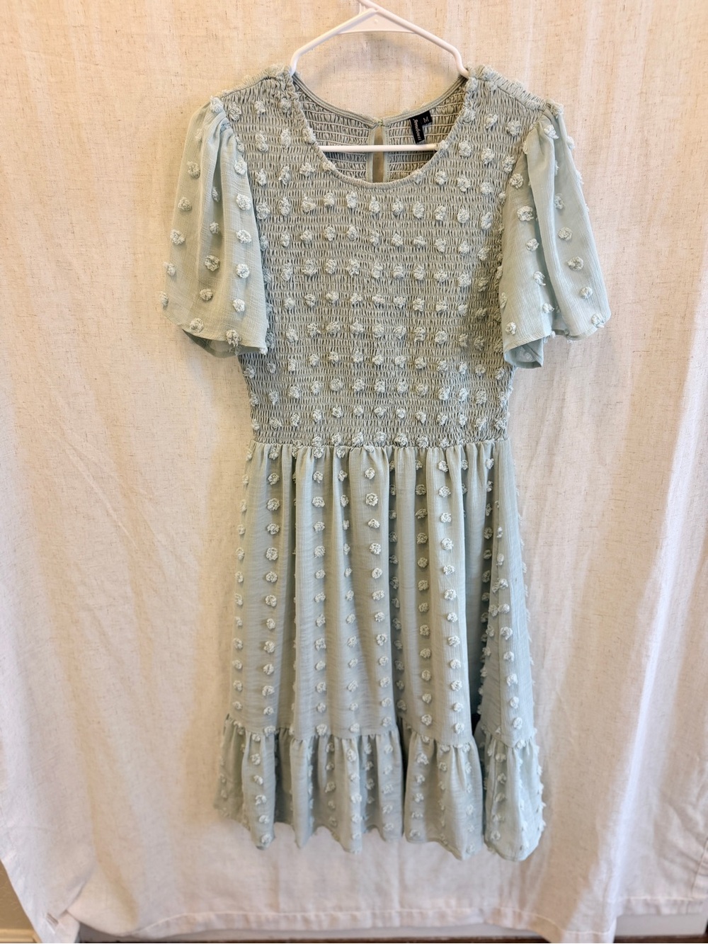 H&M Light Sage Textured Puff-Sleeve Dress